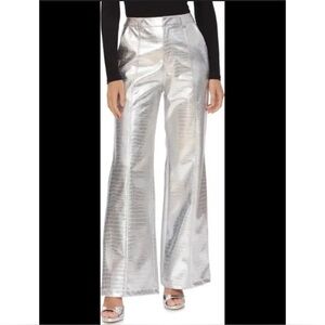 Avec Les Filles Croc Embossed Wide Leg Faux Leather Pants Silver Size 6